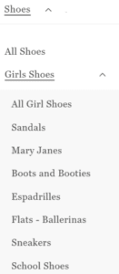 Girls shoes category dropdown menu featuring sandals, Mary Janes, boots, espadrilles, ballerinas, sneakers, and school shoes for kids