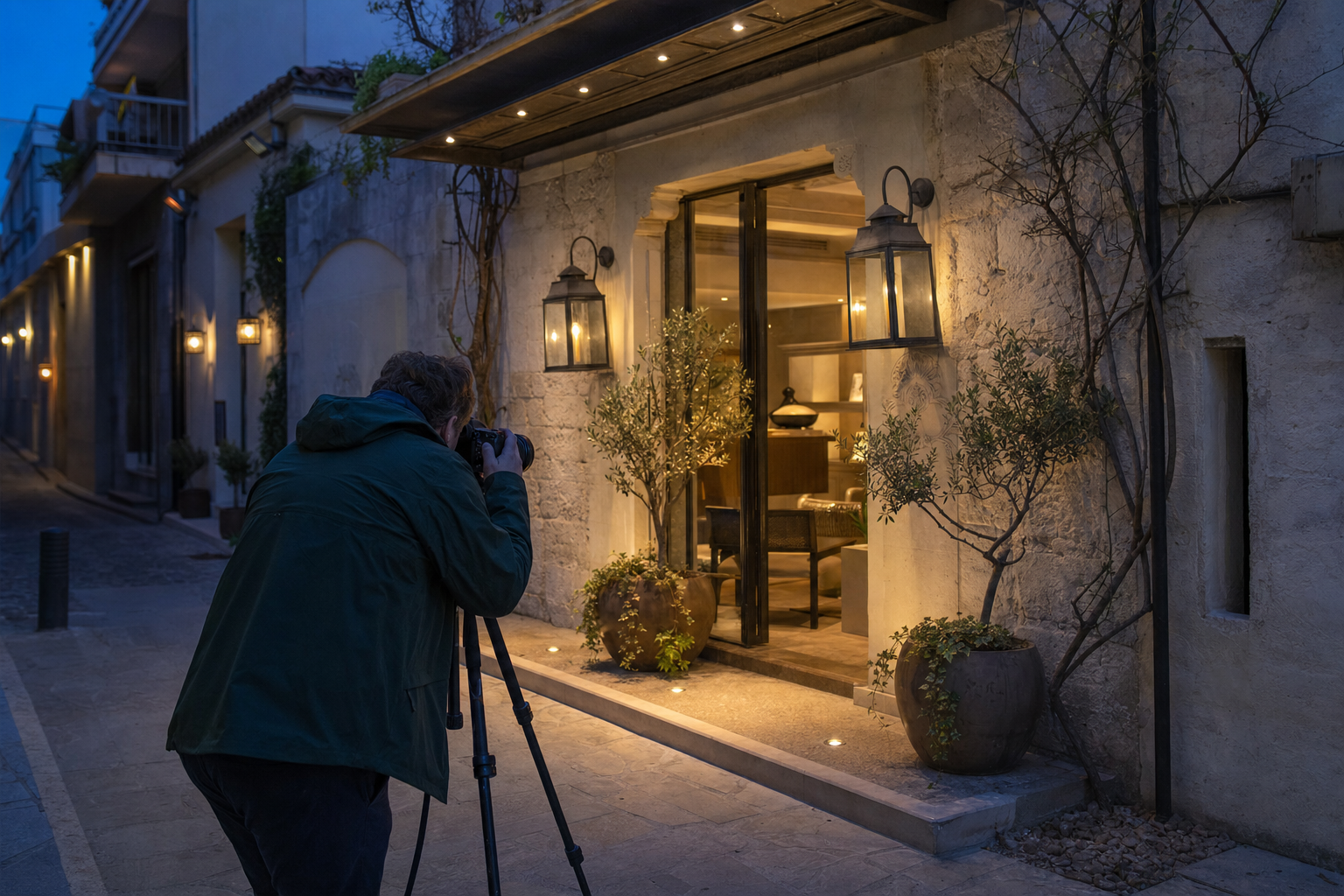 Photographer capturing a boutique hotel exterior at blue hour