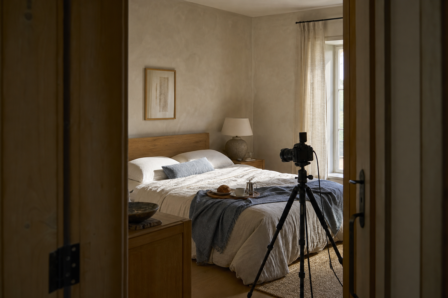 Camera on a tripod photographing a boutique hotel guest room