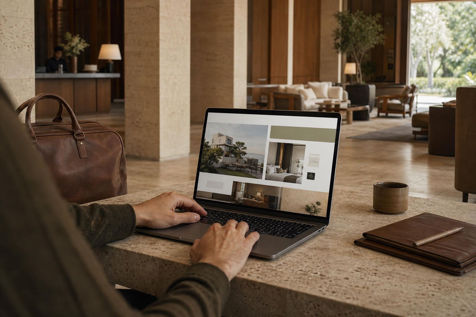 Guest browsing a boutique hotel website from a design-led lobby