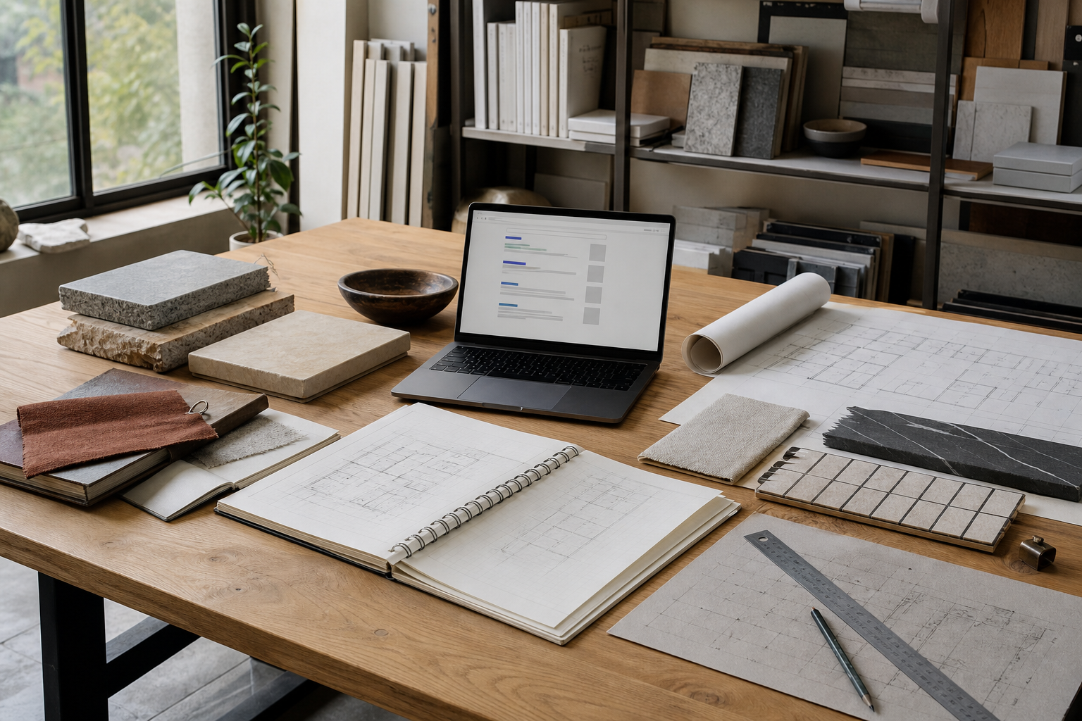 Interior design studio worktable with material samples and a search results page
