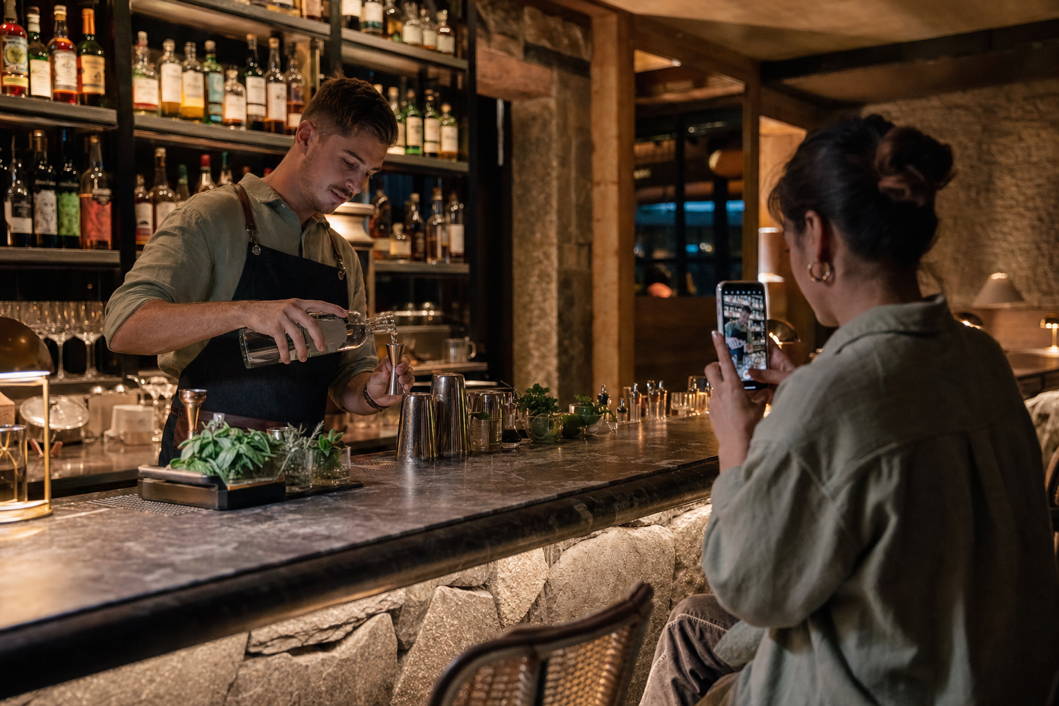 Content creator filming a bartender preparing a hotel welcome drink