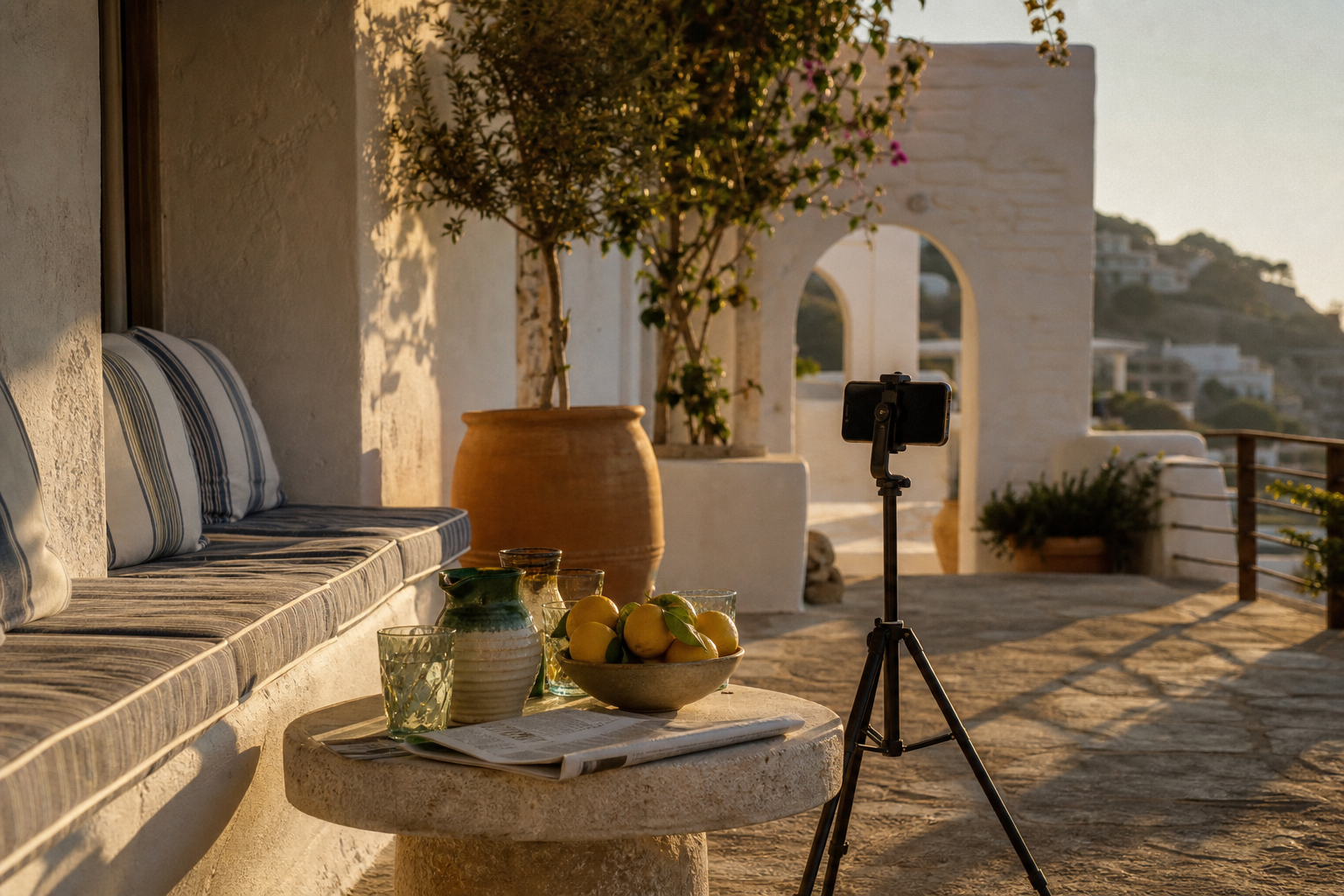 Smartphone filming a sunlit boutique hotel terrace for social media