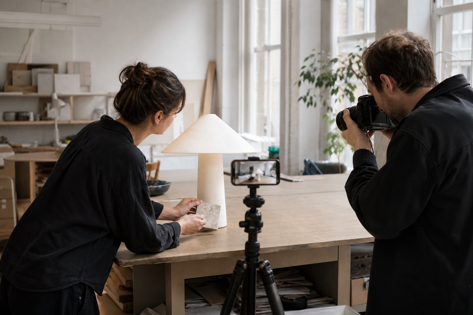 Design-Led Social Content Production Creative team photographing a sculptural table lamp for a design-led social media campaign.