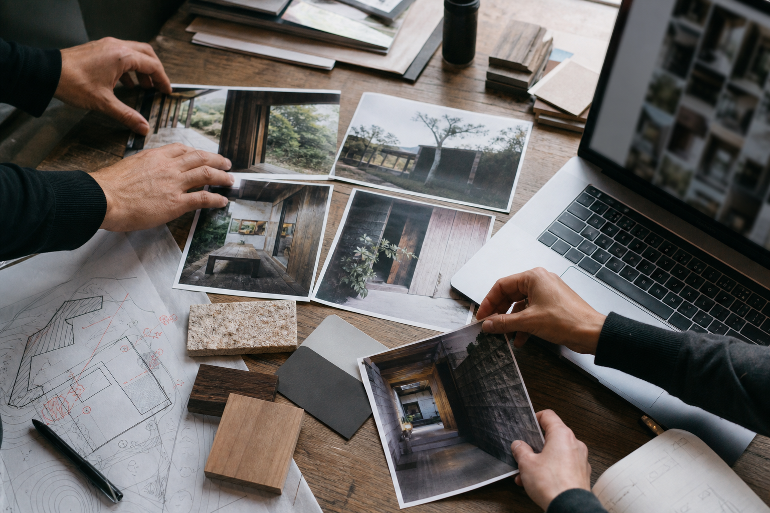 Designers arranging project photographs, drawings and material samples beside a laptop.