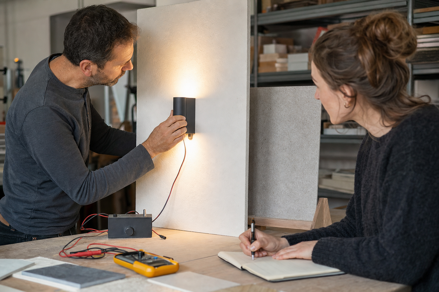 Lighting Product Beam Testing Lighting technician testing a wall fixture on a plaster sample board while an architect records observations.