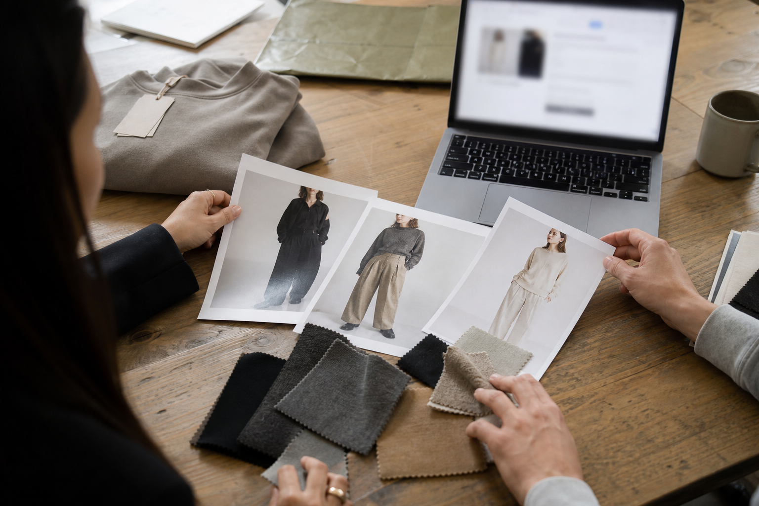 Fashion team comparing garment photographs and fabric swatches beside an email campaign on a laptop.